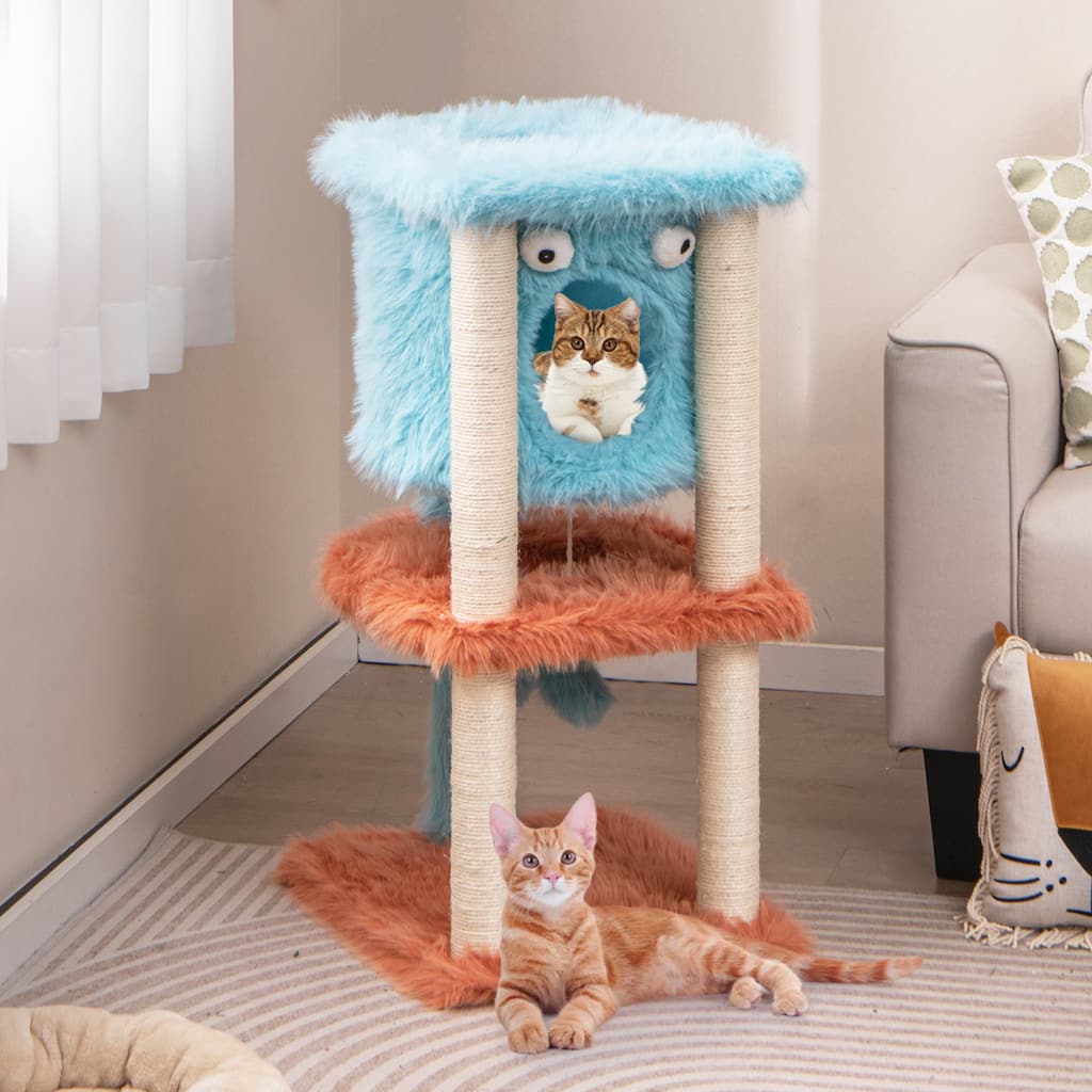 Cute Monster-Themed Cat Tower with 4 Fully Wrapped Scratching Posts and Plush Surface - 16" x 19" x 34"