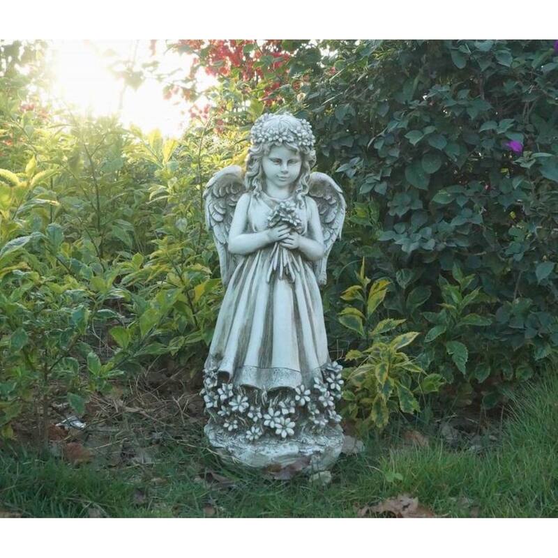 19" Standing Child Angel Holding Flowers Outdoor Garden Statue