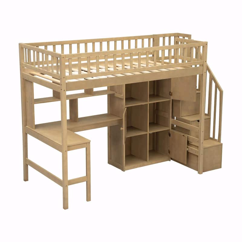 Wooden Twin Loft Bed with Built-in Desk, LED Lights, Storage Shelves, Cabinets & Staircase