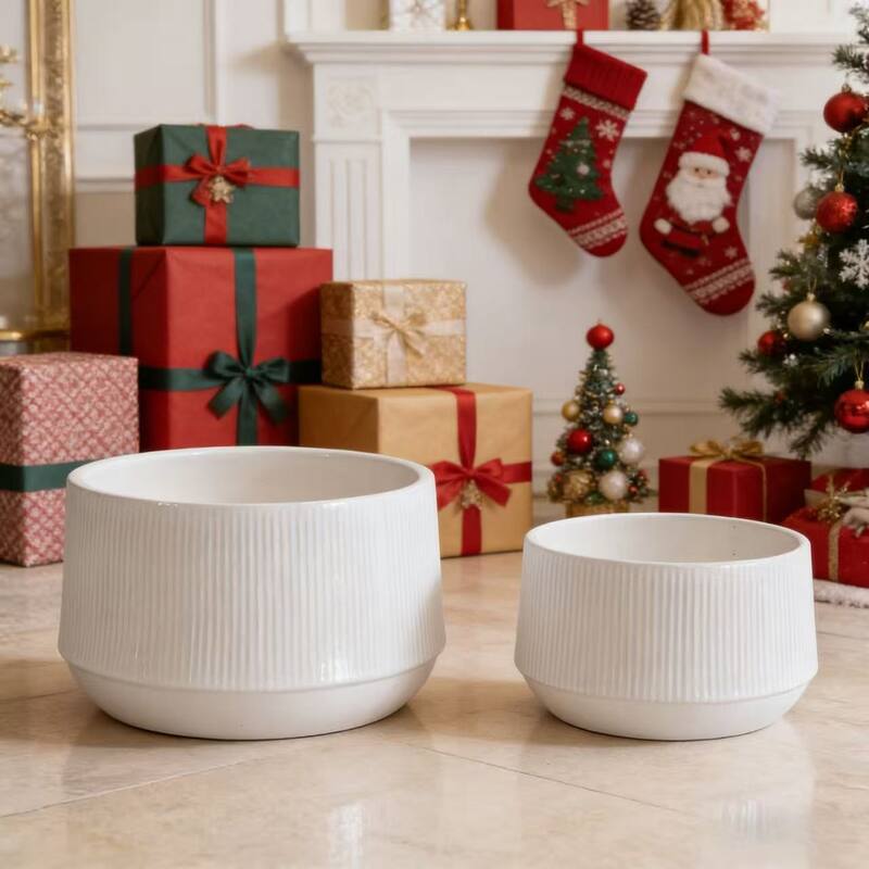 Set 2 Non-Porous Matte White Ribbed Ceramic Planter for Aquatic Plants