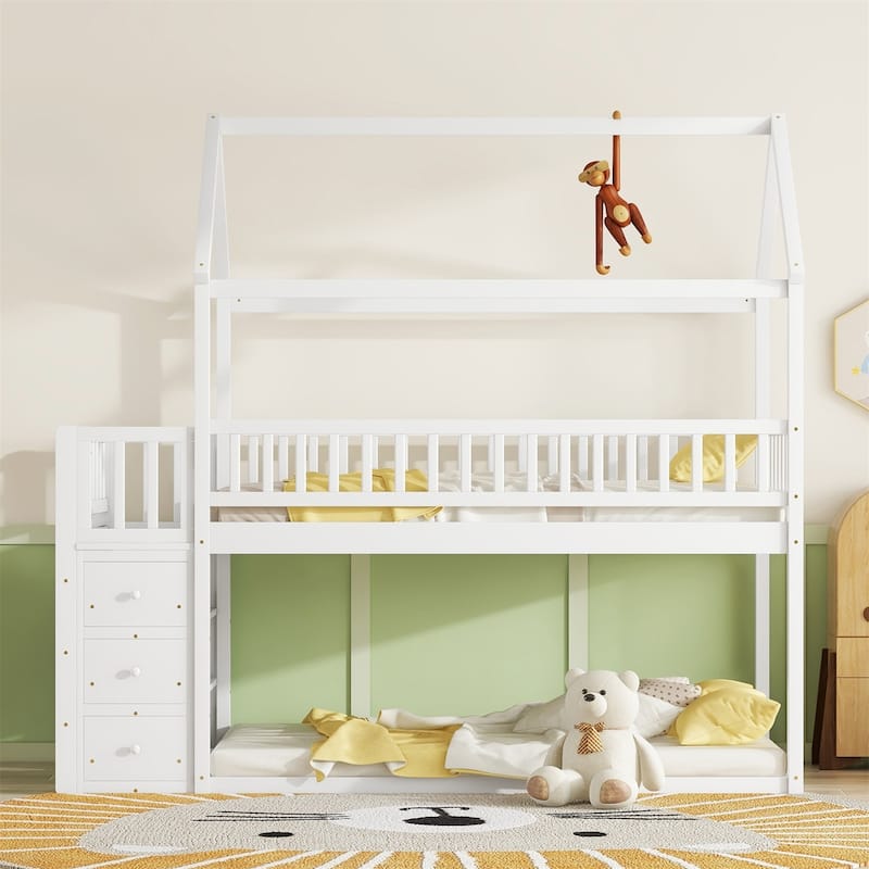 Twin/Twin House Bunk Bed with Shelves and Drawers