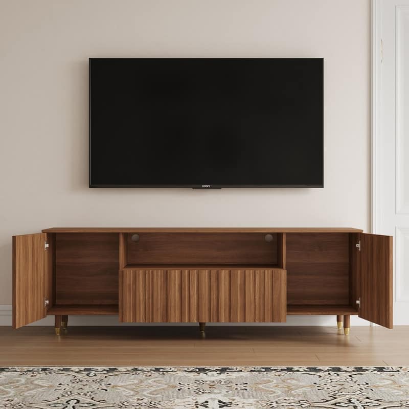 71" Mid-Century Modern Brown Wood Living Room TV Stand with Storage Cabinets & Open Shelves