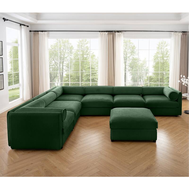GDFStudio - Shanks Chenille 6-Seater Sofa With 1 Ottoman - Green