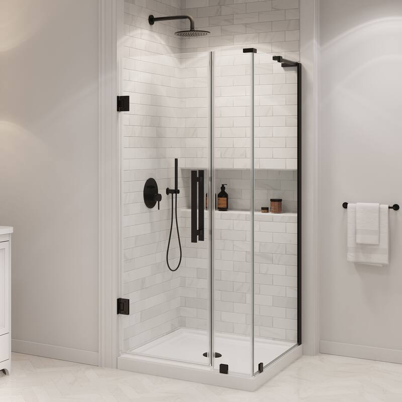 OVE Decors Panama Corner Frameless Pivot Hinge Shower Door Kit with Base Pan, 2025 - 36" - Black
