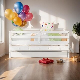 Elegant Low Loft Bed Twin Size with Trundle, Full Safety Fence, Climbing ladder and Storage Drawers, Solid & Sturdy, White