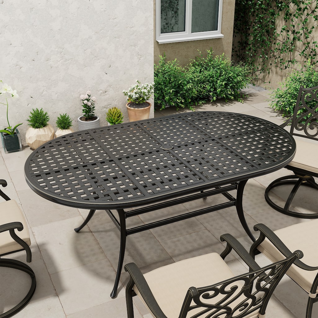 72" Outdoor Dining Table Cast Aluminum Classic Lattice Elliptical Shape Patio Table with Umbrella Hole