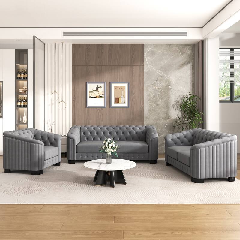 3-Piece 6-Seat Velvet Sofa Set (3+2+1) with Tufted Back & Rubber Wood Legs - Gray