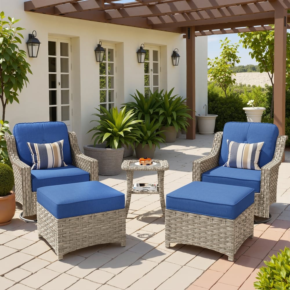 OVIOS 5 Pieces Outdoor Wicker Curved Swivel Chair Set With Ottoman