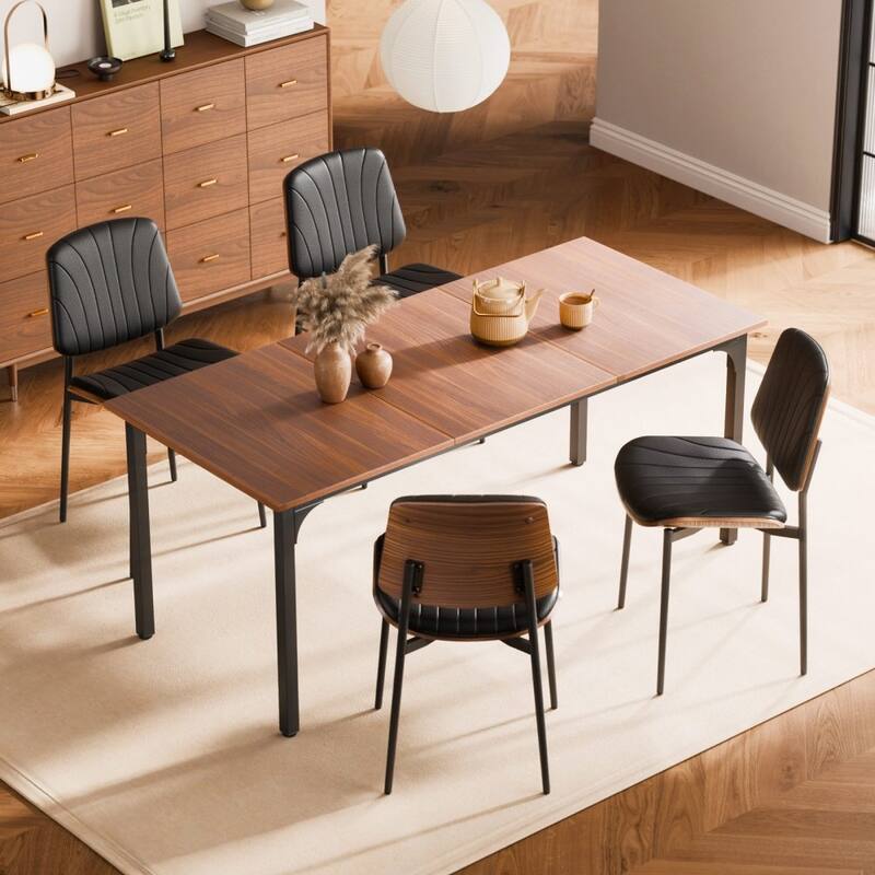 Black Mid-Century PU Leather Bentwood Dining Chair Set with Metal Legs