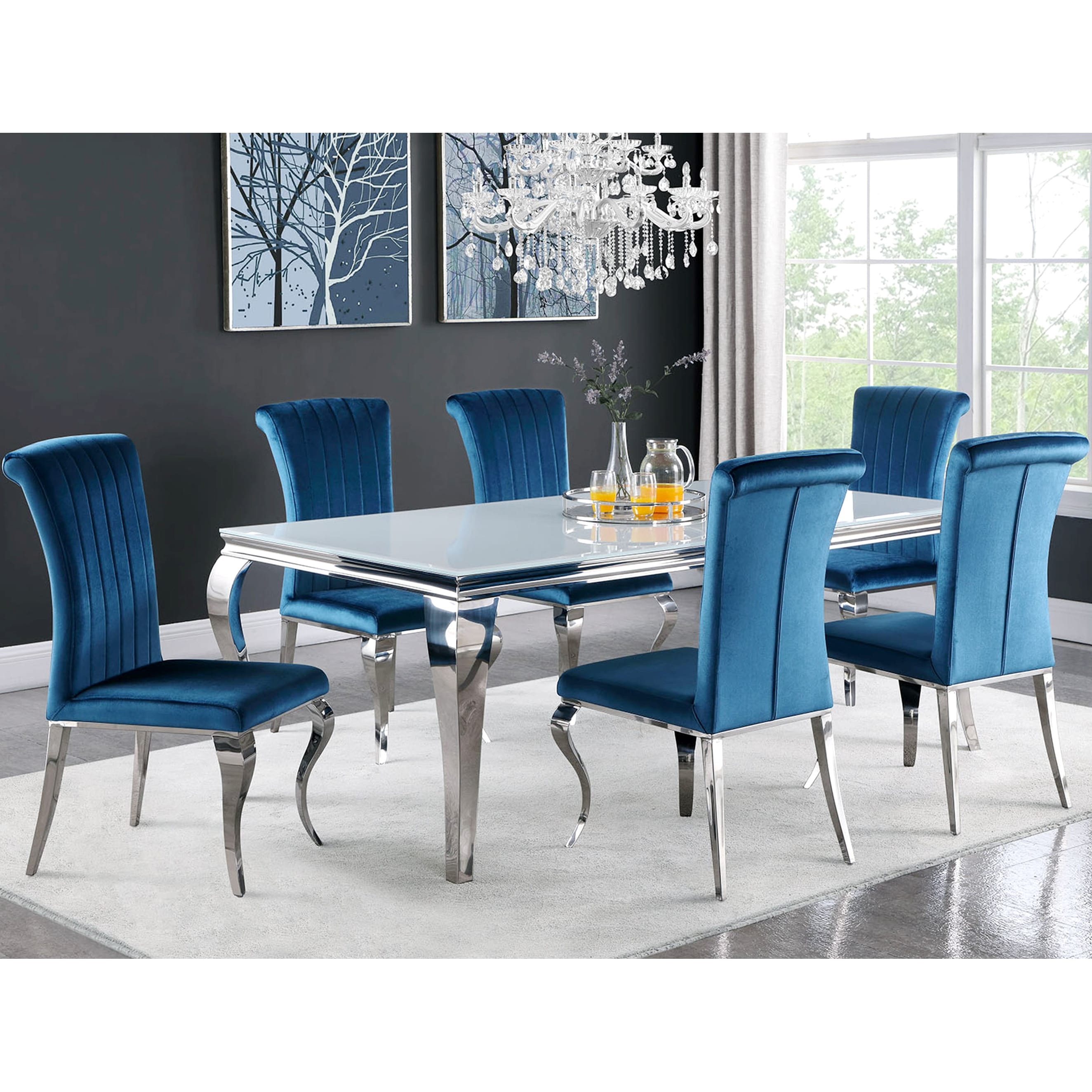 Modern Design White Glass and Stainless Steel Dining Set with Blue