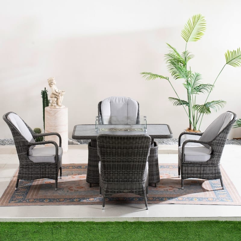 Modern 5-piece Aluminum Outdoor Hand-woven PE Rattan Dining Set with Adjustable Fire Pit Table