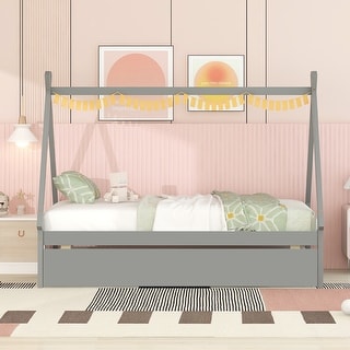 Twin Size Montessori Bed with Trundle, Wood Tent Floor Bed Frame, Twin Kids Bed with Slat Support for Boys,Girls, Easy Assembly