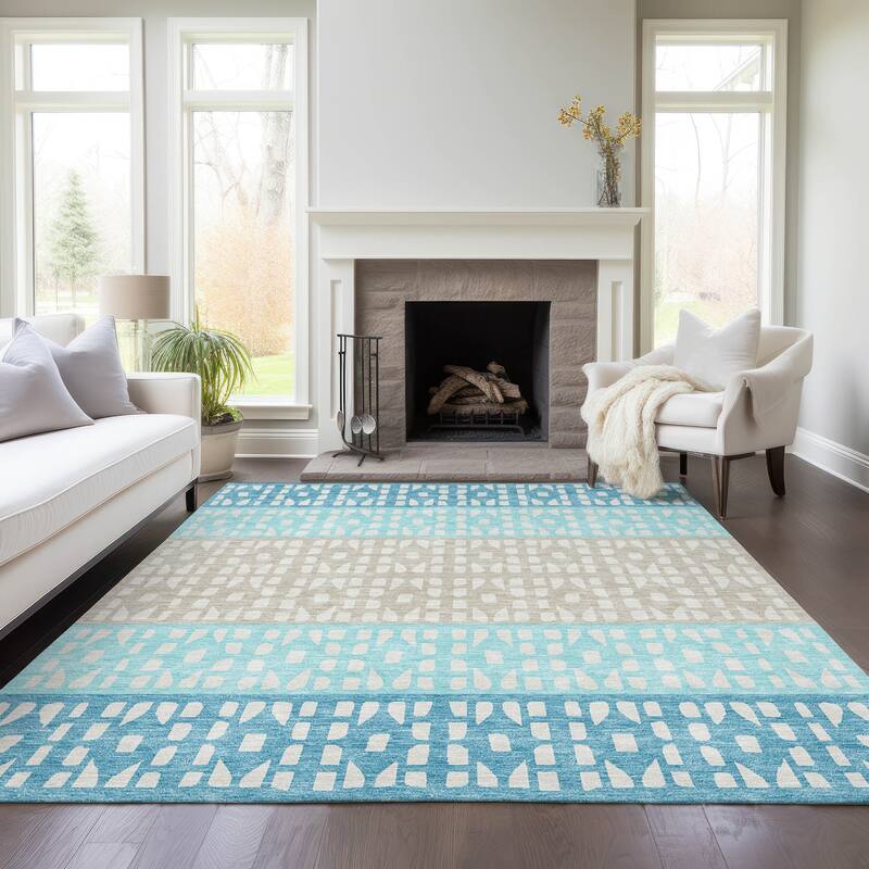 Machine Washable Indoor/ Outdoor Stripe Geo Chantille Rug