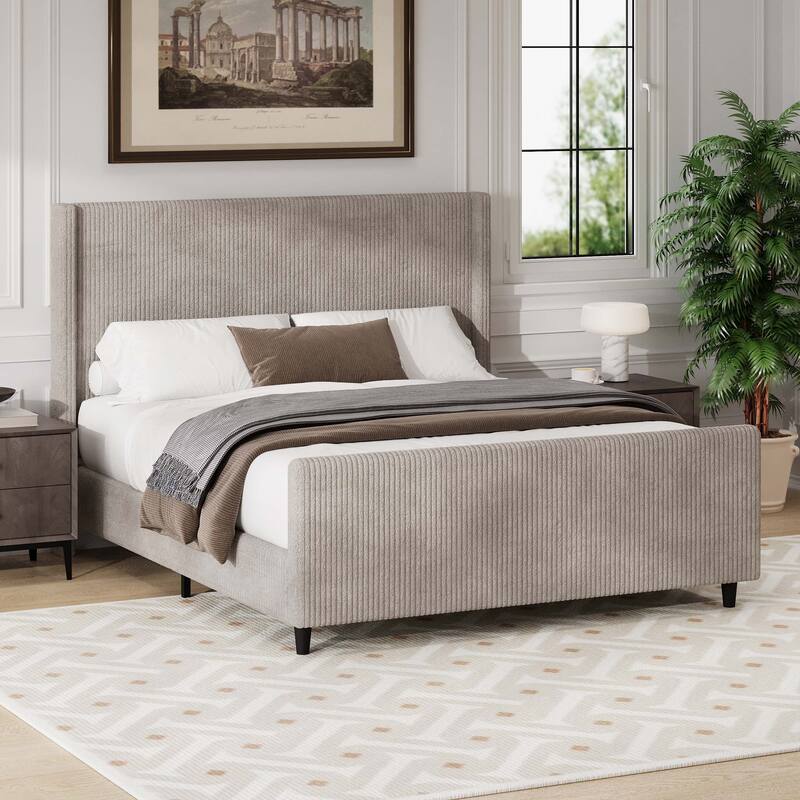Corduroy Upholstered Bed Frame with Vertical Stripe Wingback and High Footboard