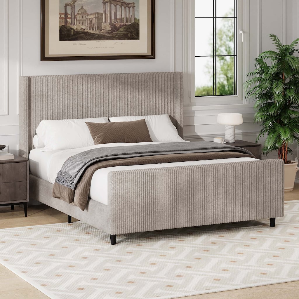 Corduroy Upholstered Bed Frame with Vertical Stripe Wingback and High Footboard