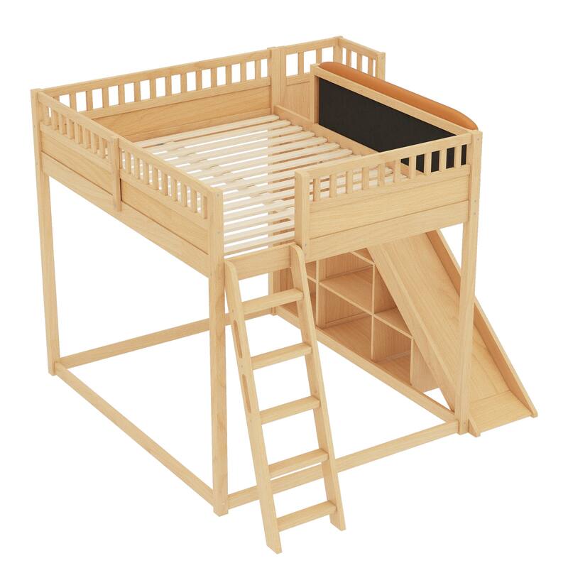 Queen Size Loft Bed with Upholstered Headboard and Storage Shelves, Complete with Ladder and Slide