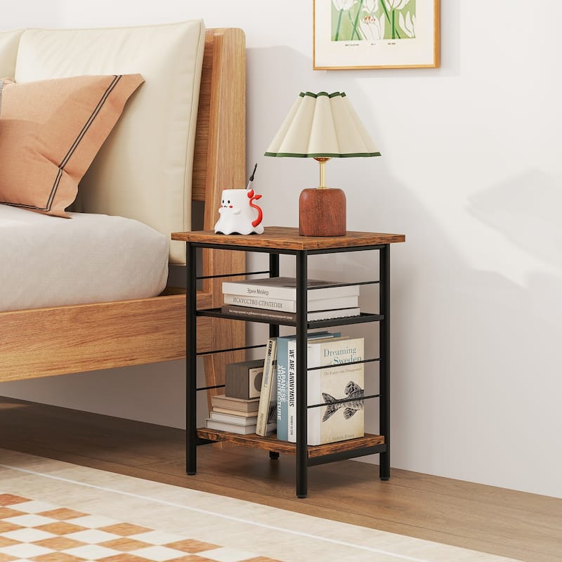 Gymax 2PCS 3-Tier Side End Table w/ Adjustable Mesh Shelf Narrow