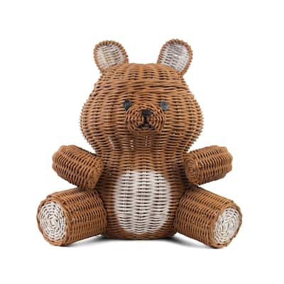 Brown Bear Rattan Storage Basket with Lid Decorative Home Decor Hand Woven Shelf Organizer Cute Handmade Handcrafted Gift