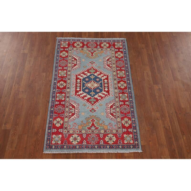 Light Blue Geometric Kazak Rug Handmade Traditional Wool Carpet - 3'0" x 4'11"