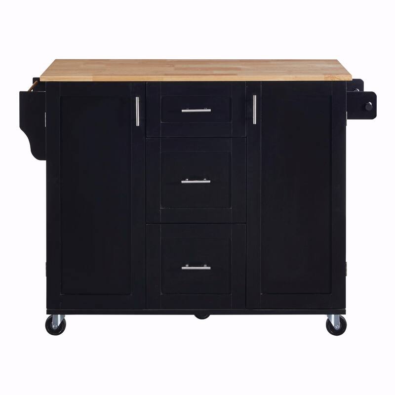 Rolling Kitchen Island with Rubber Wood Top, Drawers, Shelves, Internal Storage, Wheels, Spice & Towel Racks