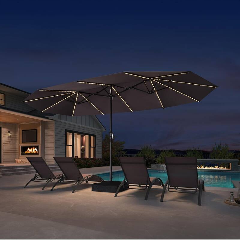 PURPLE LEAF 15ft Patio Market Umbrella with Lights OR Without lights and Base Double-Sided Rectangle Outdoor Table Sun Umbrellas - Gray with lights