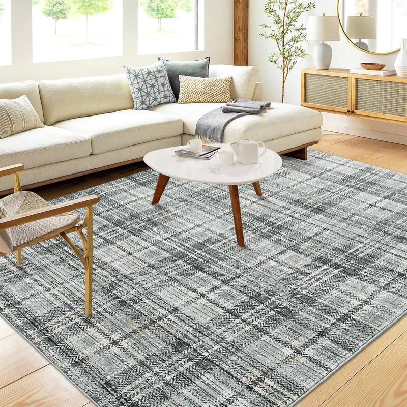 Washable Area Rugs for Living Room Bedroom Modern Plaid Rug Soft Non Slip Low Pile Farmhouse Geometric Rug