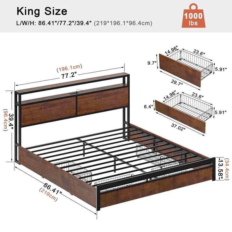 Modern Platform Bed Frame with LED Lights Storage Headboard Drawers USB and AC Outlets Wood Grain Finish