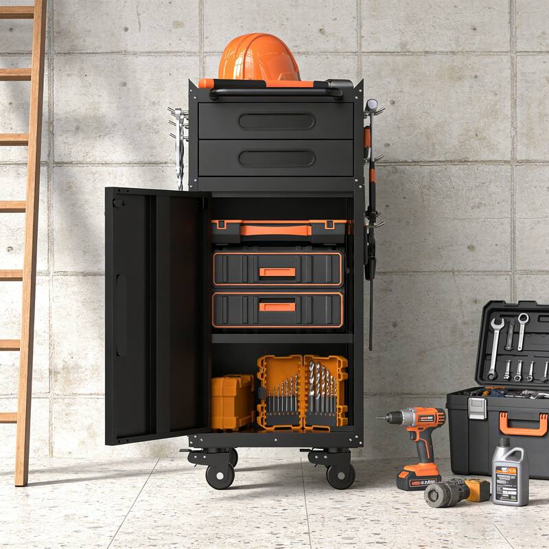 34.3" Narrow Rolling Tool Cabinet - Space-Saving Garage Storage with Lockable Door, 2 Drawers and Large Handle