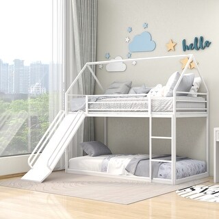 Twin Over Twin Metal House Bunk Bed with Ladder & Slide - Bed Bath ...