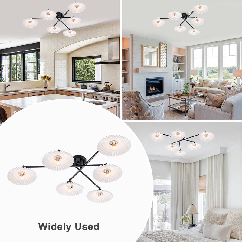 6-Light Matte Black Branch Flush Mount Ceiling Light with White Glass Shades - Dia.40.16-in