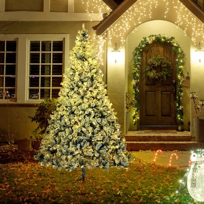 HOMCOM 9ft Tall Prelit Artificial Christmas Tree Holiday Décor with 1939 Snow Flocked Branches, 9Steel Base - 8.85 ft
