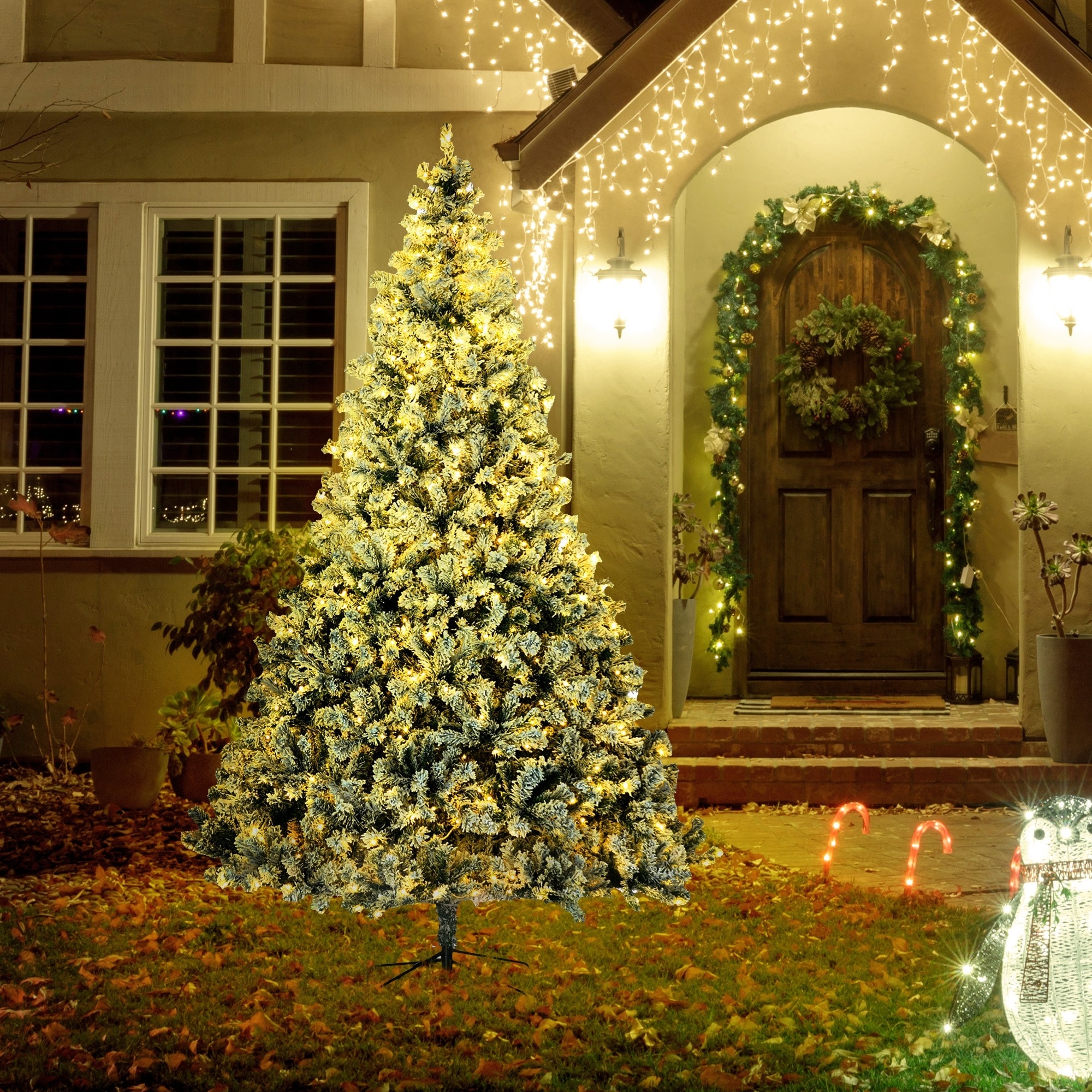 HOMCOM 9ft Tall Prelit Artificial Christmas Tree Holiday Décor with 1939 Snow Flocked Branches, 9Steel Base - 8.85 ft