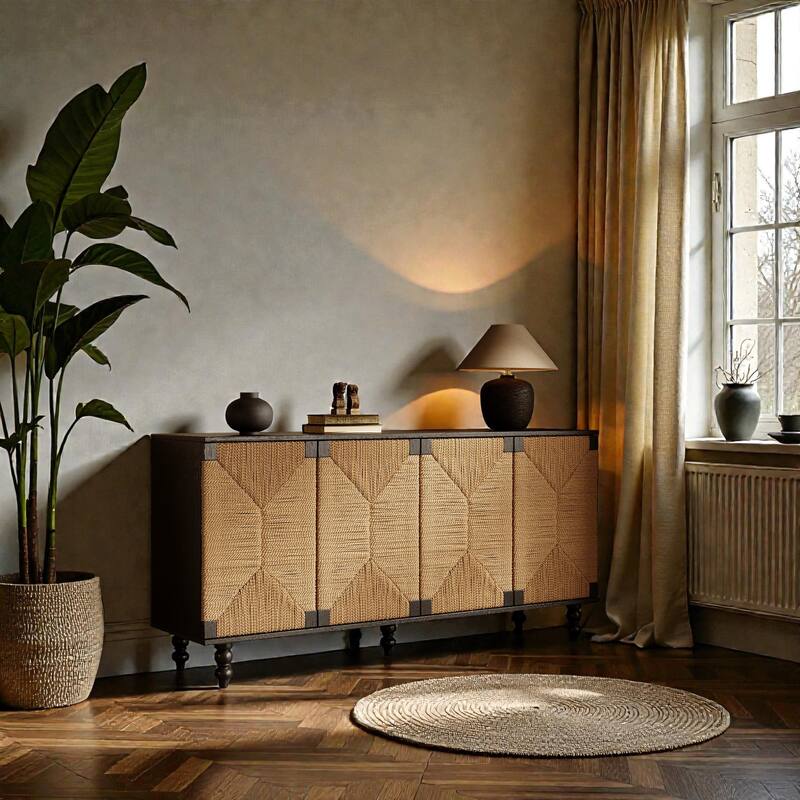 Wood Sideboard Buffet Cabinet with Handwoven Seagrass Doors, Black Storage Console for Dining Room and Entryway