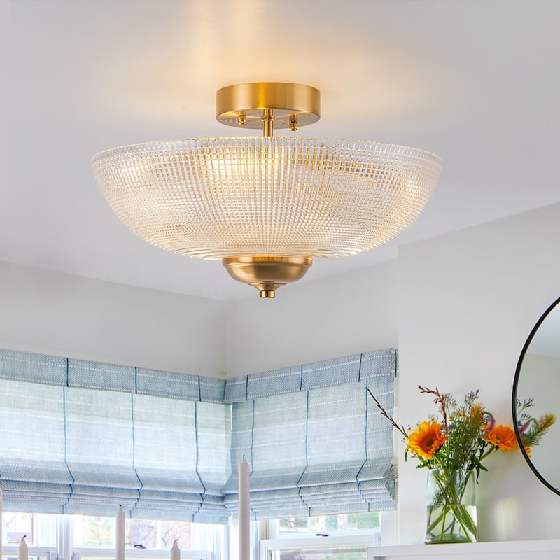 Industrial 3-Light Gold Semi Flush Mount Lights with Grid Textured Glass - Brass