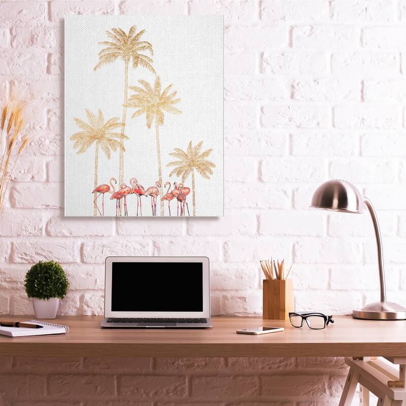 Stupell Pink Flamingos Tropical Gold Outline Palm Trees Canvas Wall Art