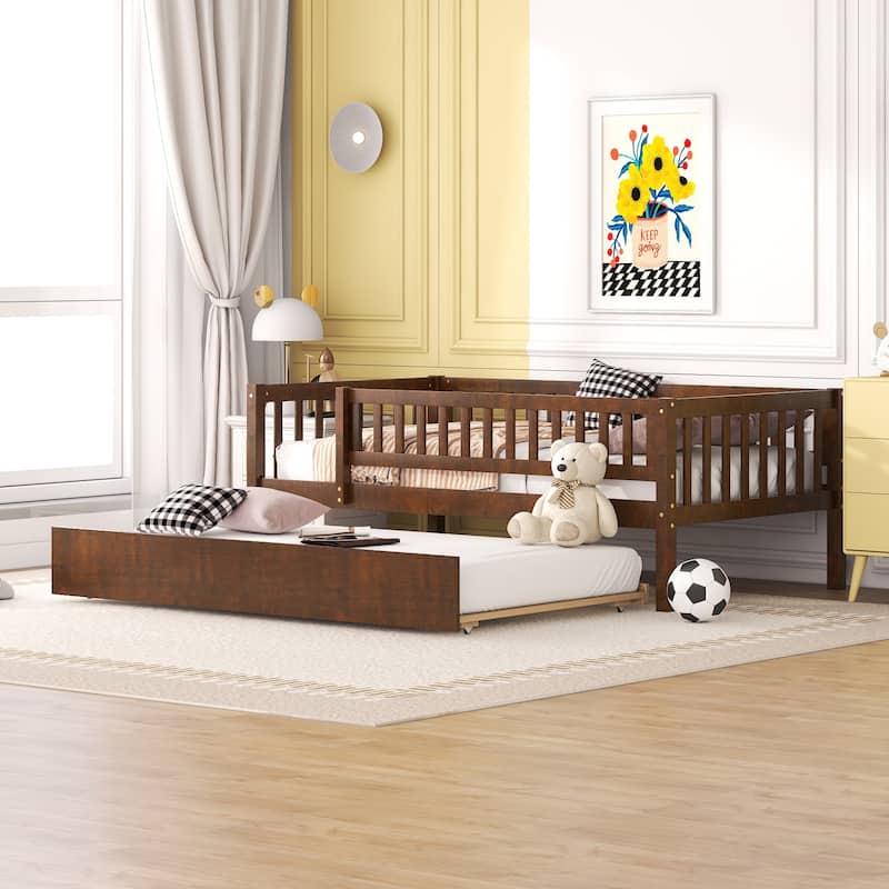 Twin Size Daybed Wood Bed Wood Platform Bed Frame No Box Spring Needed, 2 Extendable Wood Drawers with Trundle for Boys Girls - Walnut/Trundle - Twin