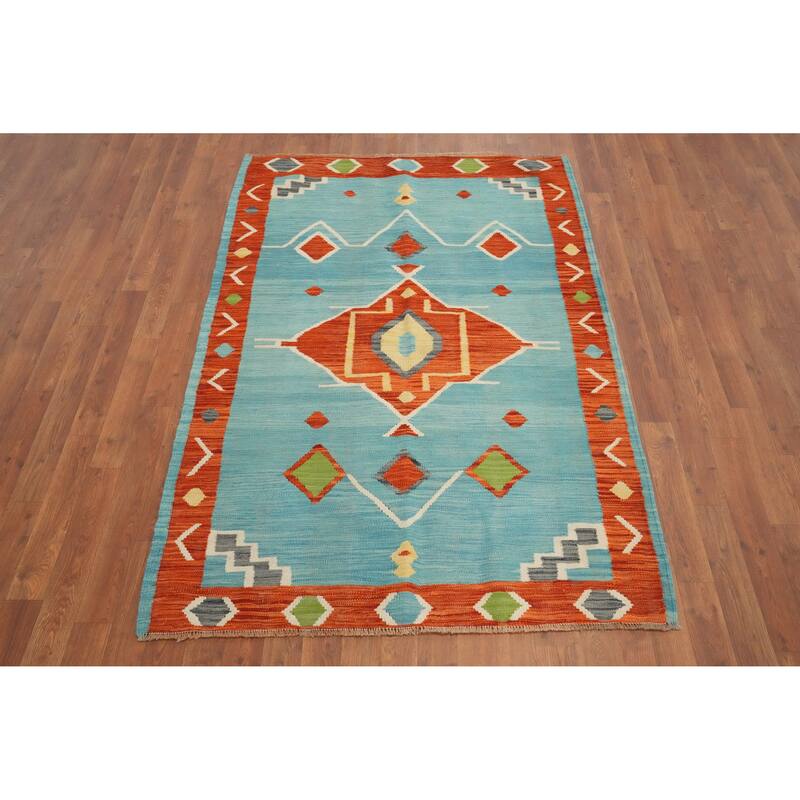 Hand Woven Oriental 100% Wool Carpet Southwestern Tribal Navy Blue & Blues Kilim Area Rug - 5' 10'' X 4' 0''