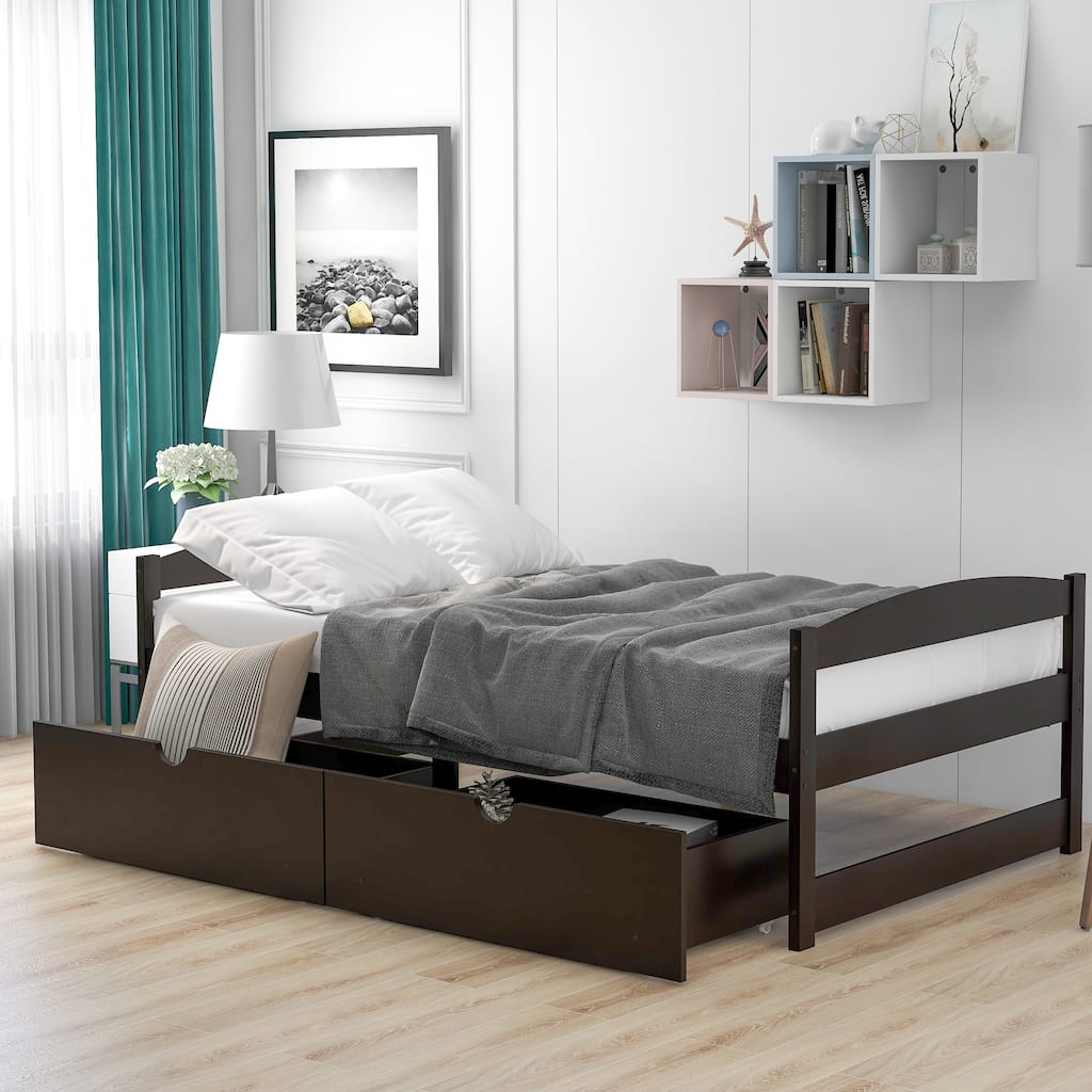 Twin Size Platform Bed with 2 Drawers in Espresso Finish, Space-Saving Storage
