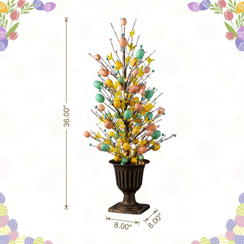 Glitzhome 36"H Easter Egg Berries Flower Urn Porch Tree with 20 Warm White Lights and Timer