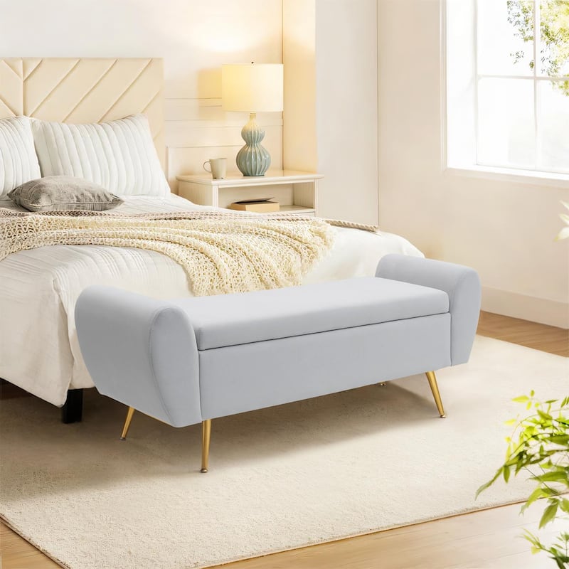Upholstered 56"W Flip Top Storage Bench with arms - Velvet - Grey