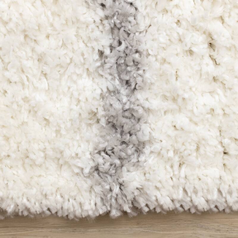 Cream Gray Neutral Lines Soft Shag Area Rug, 5'3" x 7'7"