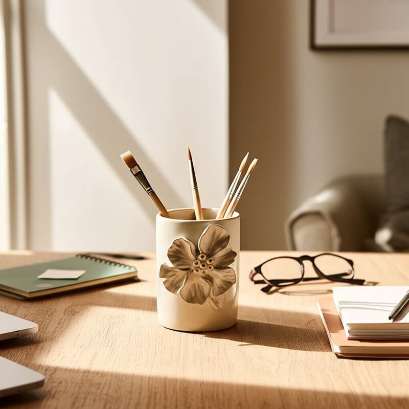 Ceramic Cute Pencil Cup Decorative Flower Office Desk Accessory