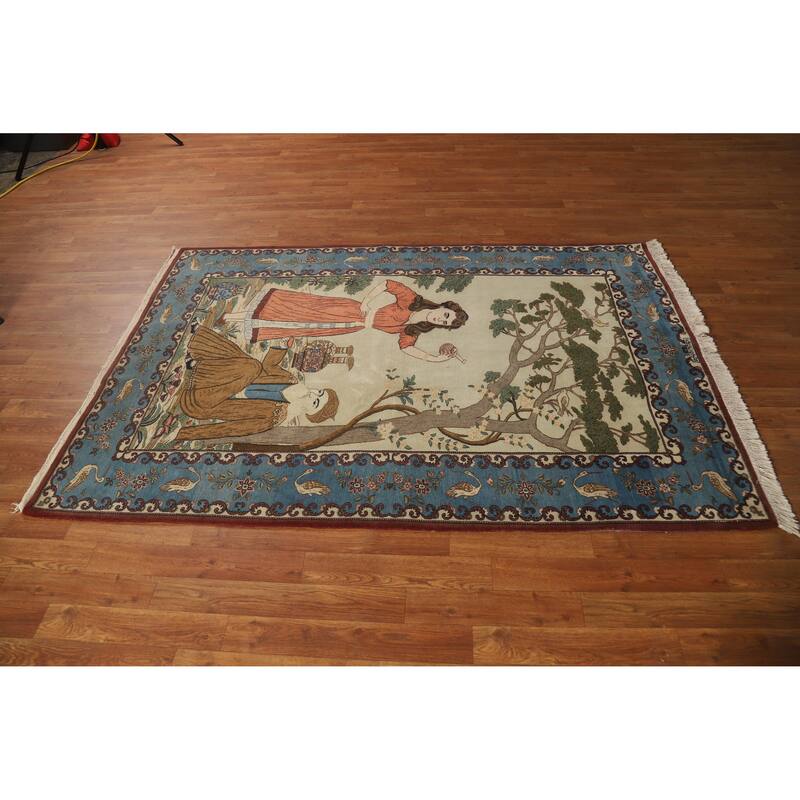 Hand Knotted Oriental 100% Wool Carpet Traditional Pictorial Green Kashan Area Rug - 6' 8'' X 4' 6''