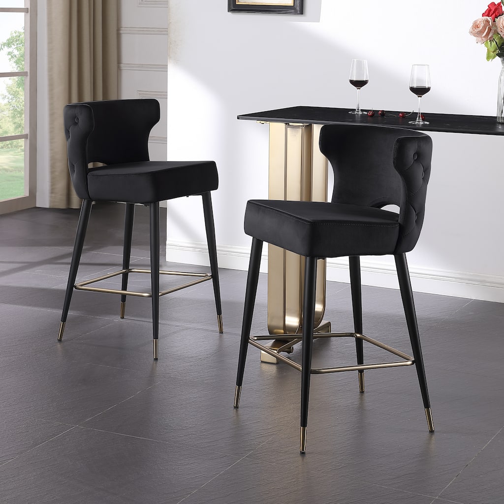 Contemporary Velvet Upholstered Counter Height Stool with Gold Tipped, Black Metal Legs, 22" W x 19" D x 38.5" H