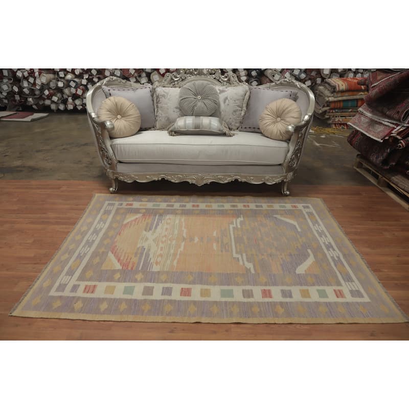 Hand Woven Oriental 100% Wool Carpet Southwestern Tribal Purples Kilim Area Rug - 6' 9'' X 4' 11''