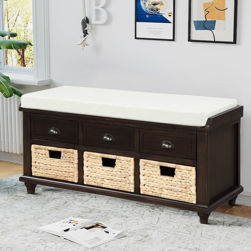 Classic Farmhouse Style Storage Bench with a Removable Linen Blend Seat Cushion - Espresso