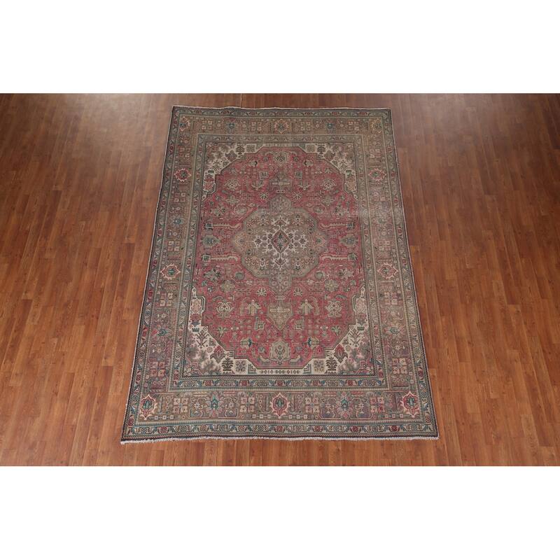 Pink Geometric Tabriz Persian Vintage Rug Hand-Knotted Wool Carpet - 6'7"x 9'8"