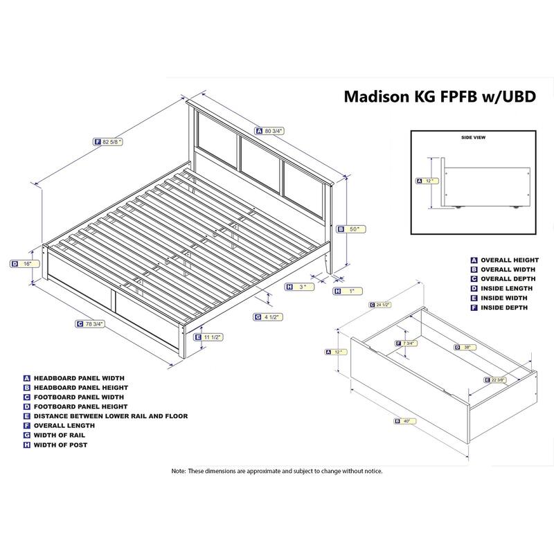 Madison King Platform Bed with Footboard and 2 Drawers in White