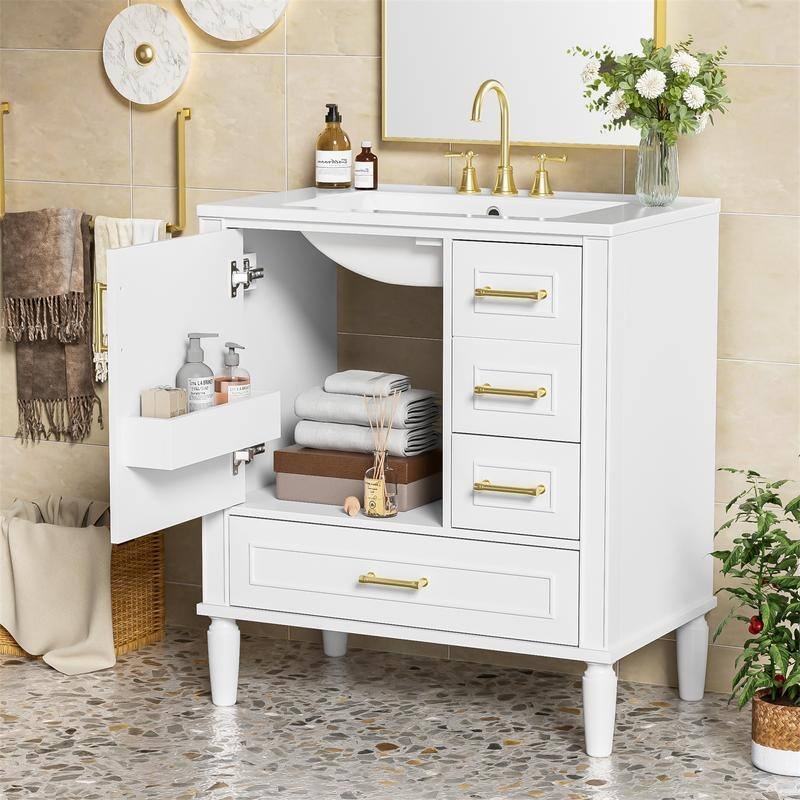 Traditional 30" Bathroom Vanity with Ceramic Sink, Freestanding Bathroom Vanity Cabinet with 3 Drawers and 1 Soft Close Door