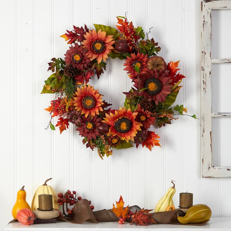 Sunflower Pumpkin Pinecone Berries Fall Harvest Artificial Wreath 24-"